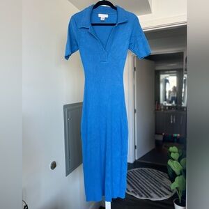 Caroline Constas Mykonos Blue Ribbed Collared Midi Dress- Size M